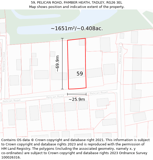 59, PELICAN ROAD, PAMBER HEATH, TADLEY, RG26 3EL: Plot and title map