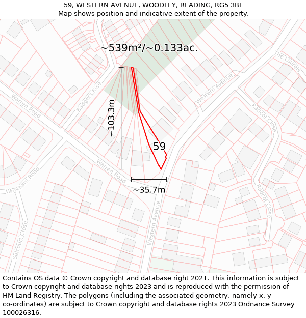 59, WESTERN AVENUE, WOODLEY, READING, RG5 3BL: Plot and title map