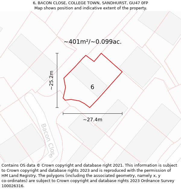 6, BACON CLOSE, COLLEGE TOWN, SANDHURST, GU47 0FP: Plot and title map