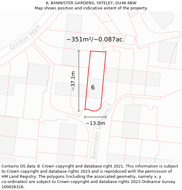6, BANNISTER GARDENS, YATELEY, GU46 6BW: Plot and title map