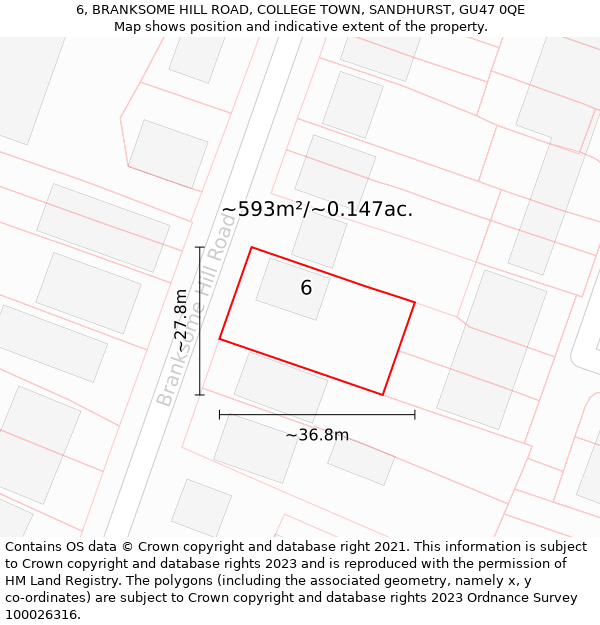 6, BRANKSOME HILL ROAD, COLLEGE TOWN, SANDHURST, GU47 0QE: Plot and title map