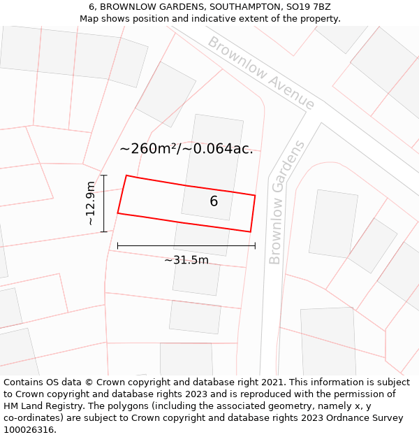 6, BROWNLOW GARDENS, SOUTHAMPTON, SO19 7BZ: Plot and title map