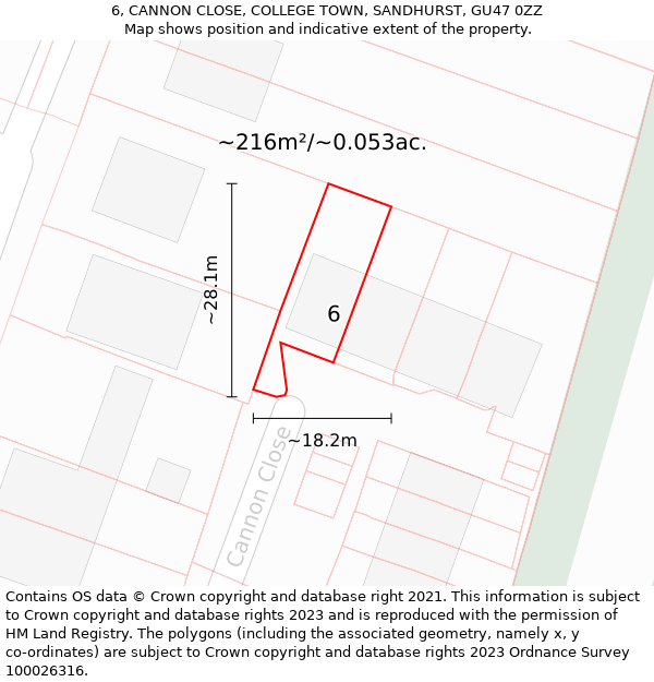 6, CANNON CLOSE, COLLEGE TOWN, SANDHURST, GU47 0ZZ: Plot and title map