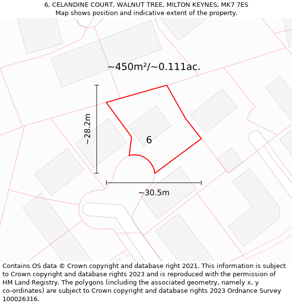 6, CELANDINE COURT, WALNUT TREE, MILTON KEYNES, MK7 7ES: Plot and title map