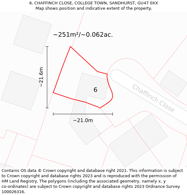 6, CHAFFINCH CLOSE, COLLEGE TOWN, SANDHURST, GU47 0XX: Plot and title map