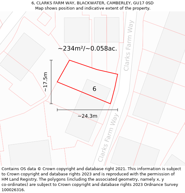 6, CLARKS FARM WAY, BLACKWATER, CAMBERLEY, GU17 0SD: Plot and title map