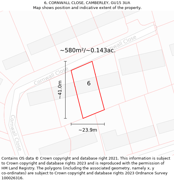 6, CORNWALL CLOSE, CAMBERLEY, GU15 3UA: Plot and title map