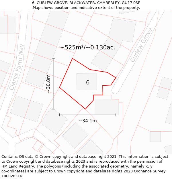 6, CURLEW GROVE, BLACKWATER, CAMBERLEY, GU17 0SF: Plot and title map