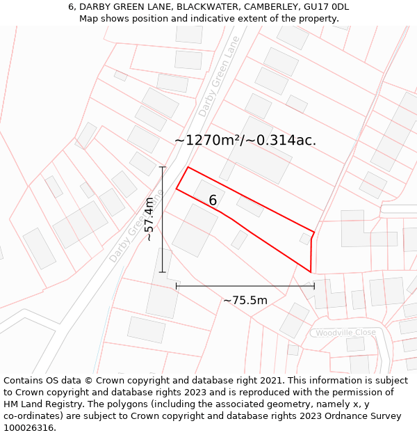 6, DARBY GREEN LANE, BLACKWATER, CAMBERLEY, GU17 0DL: Plot and title map