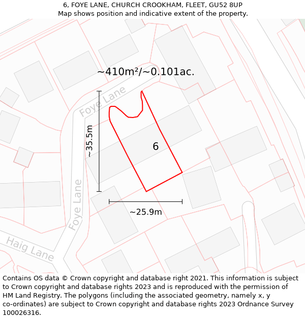 6, FOYE LANE, CHURCH CROOKHAM, FLEET, GU52 8UP: Plot and title map