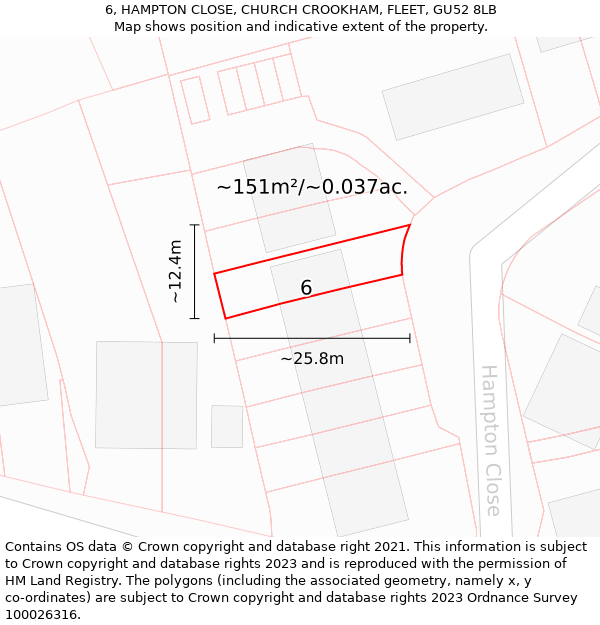 6, HAMPTON CLOSE, CHURCH CROOKHAM, FLEET, GU52 8LB: Plot and title map