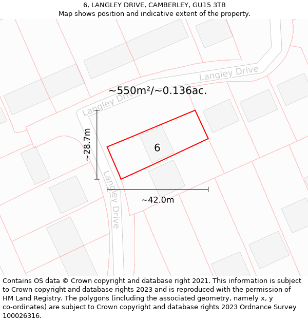 6, LANGLEY DRIVE, CAMBERLEY, GU15 3TB: Plot and title map