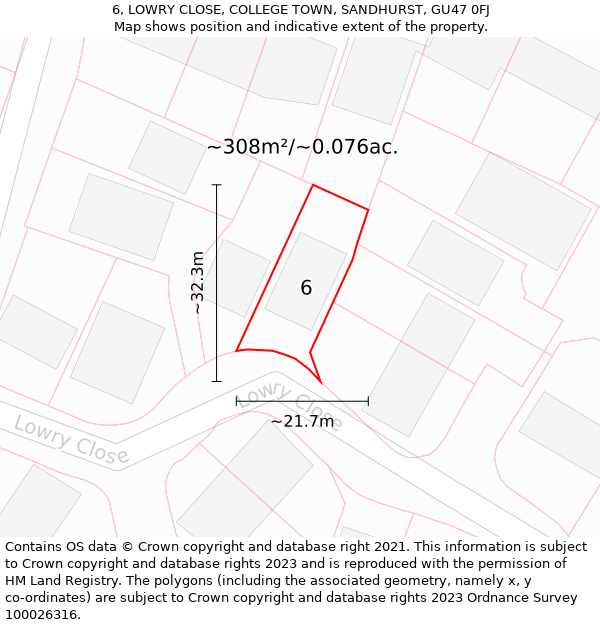 6, LOWRY CLOSE, COLLEGE TOWN, SANDHURST, GU47 0FJ: Plot and title map