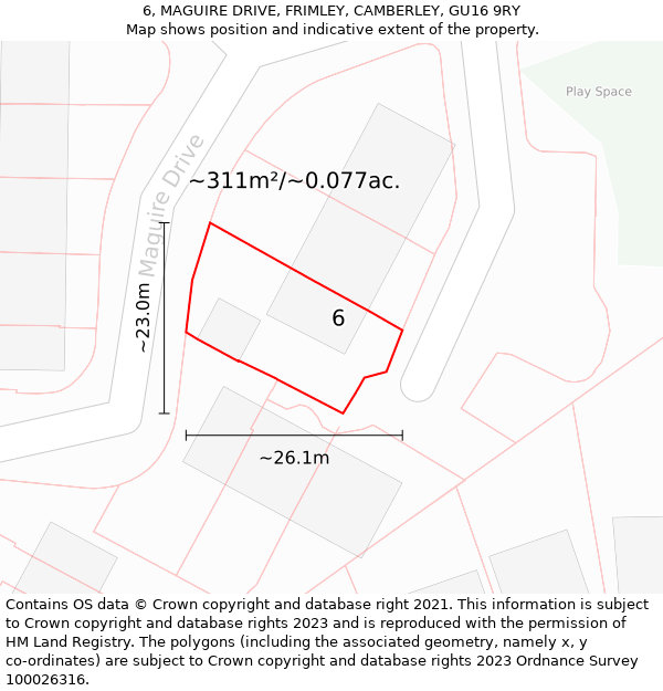 6, MAGUIRE DRIVE, FRIMLEY, CAMBERLEY, GU16 9RY: Plot and title map