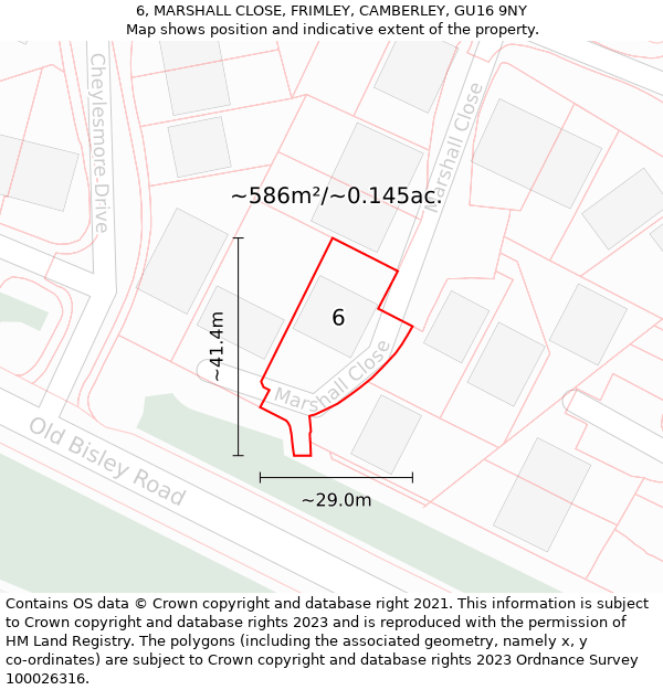 6, MARSHALL CLOSE, FRIMLEY, CAMBERLEY, GU16 9NY: Plot and title map