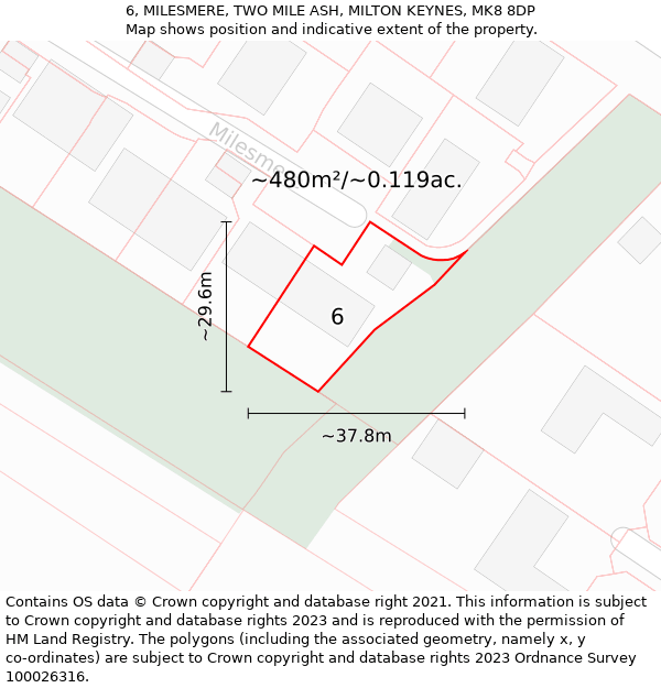 6, MILESMERE, TWO MILE ASH, MILTON KEYNES, MK8 8DP: Plot and title map