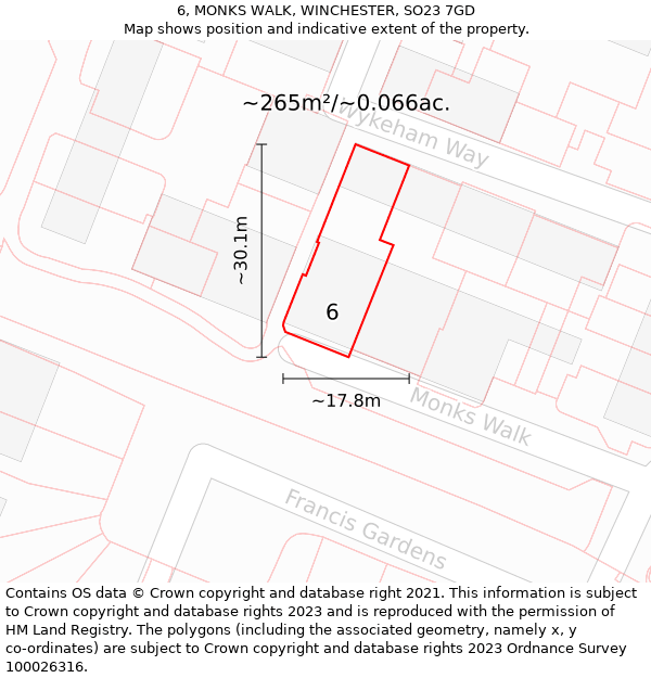 6, MONKS WALK, WINCHESTER, SO23 7GD: Plot and title map