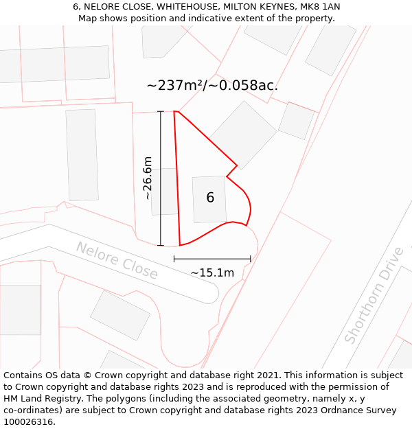 6, NELORE CLOSE, WHITEHOUSE, MILTON KEYNES, MK8 1AN: Plot and title map