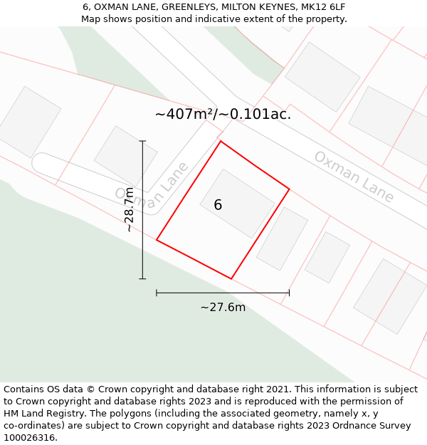 6, OXMAN LANE, GREENLEYS, MILTON KEYNES, MK12 6LF: Plot and title map