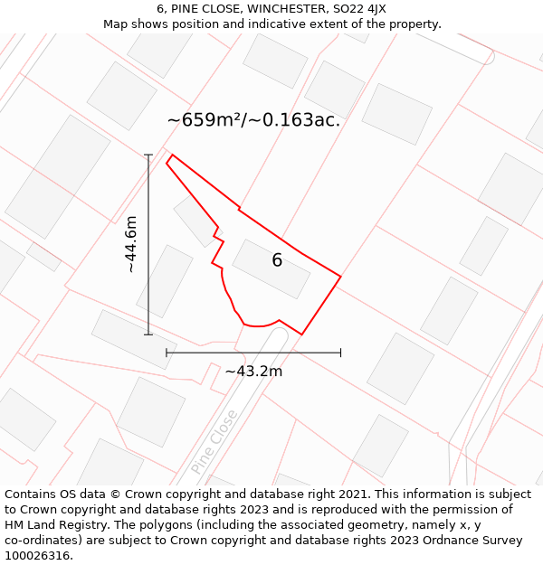 6, PINE CLOSE, WINCHESTER, SO22 4JX: Plot and title map