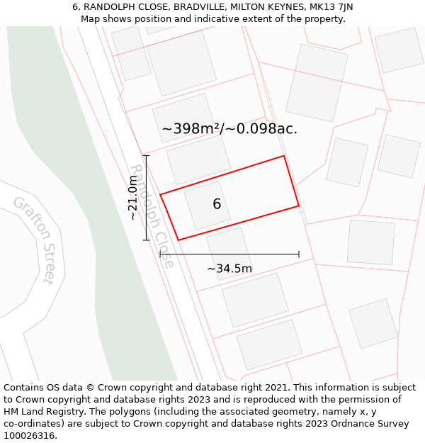 6, RANDOLPH CLOSE, BRADVILLE, MILTON KEYNES, MK13 7JN: Plot and title map