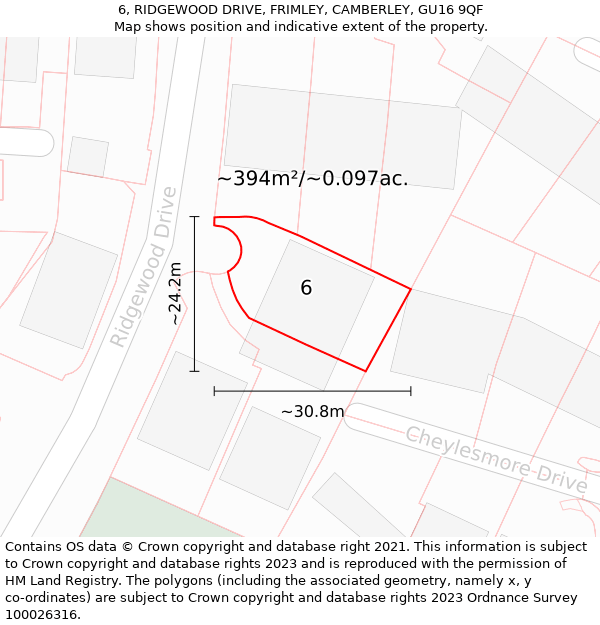 6, RIDGEWOOD DRIVE, FRIMLEY, CAMBERLEY, GU16 9QF: Plot and title map