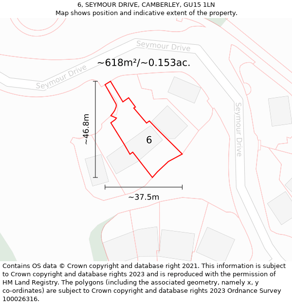 6, SEYMOUR DRIVE, CAMBERLEY, GU15 1LN: Plot and title map