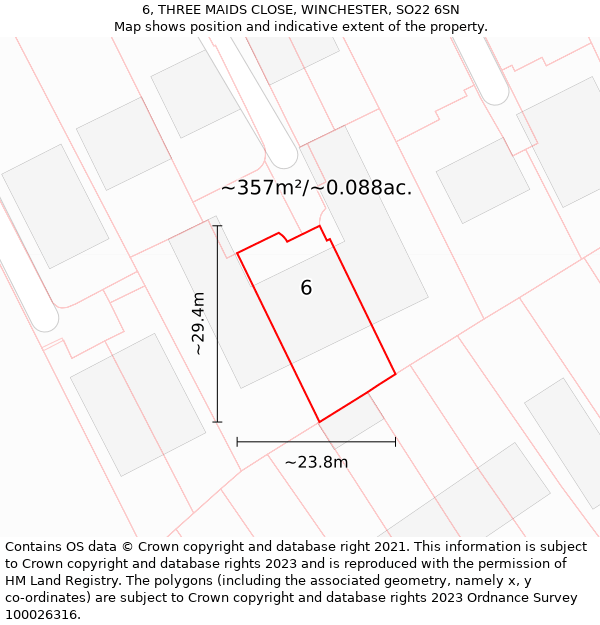 6, THREE MAIDS CLOSE, WINCHESTER, SO22 6SN: Plot and title map