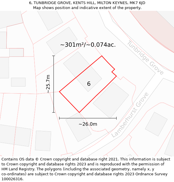 6, TUNBRIDGE GROVE, KENTS HILL, MILTON KEYNES, MK7 6JD: Plot and title map