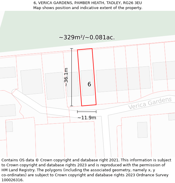 6, VERICA GARDENS, PAMBER HEATH, TADLEY, RG26 3EU: Plot and title map