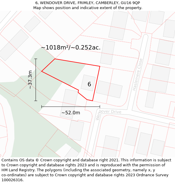 6, WENDOVER DRIVE, FRIMLEY, CAMBERLEY, GU16 9QP: Plot and title map