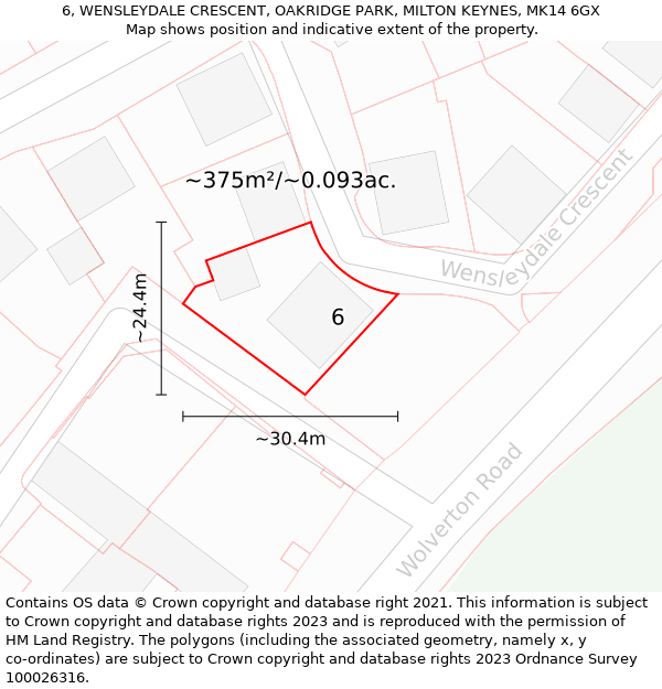 6, WENSLEYDALE CRESCENT, OAKRIDGE PARK, MILTON KEYNES, MK14 6GX: Plot and title map