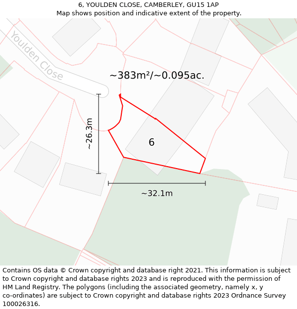 6, YOULDEN CLOSE, CAMBERLEY, GU15 1AP: Plot and title map