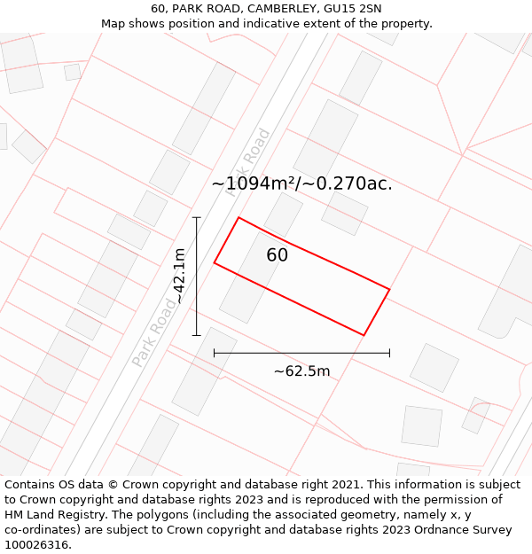 60, PARK ROAD, CAMBERLEY, GU15 2SN: Plot and title map