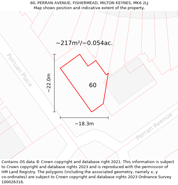 60, PERRAN AVENUE, FISHERMEAD, MILTON KEYNES, MK6 2LJ: Plot and title map