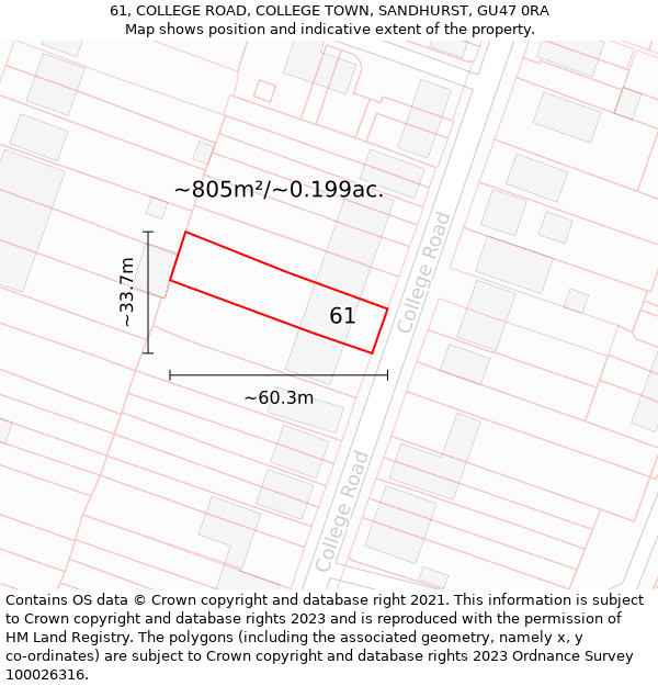 61, COLLEGE ROAD, COLLEGE TOWN, SANDHURST, GU47 0RA: Plot and title map
