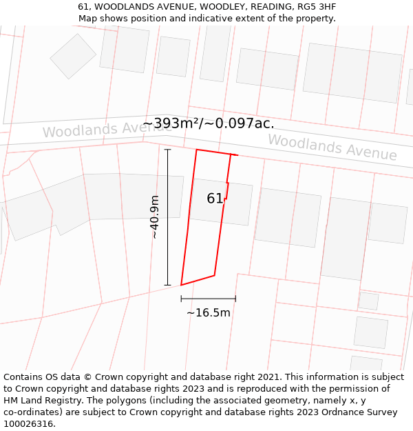 61, WOODLANDS AVENUE, WOODLEY, READING, RG5 3HF: Plot and title map