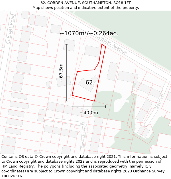 62, COBDEN AVENUE, SOUTHAMPTON, SO18 1FT: Plot and title map