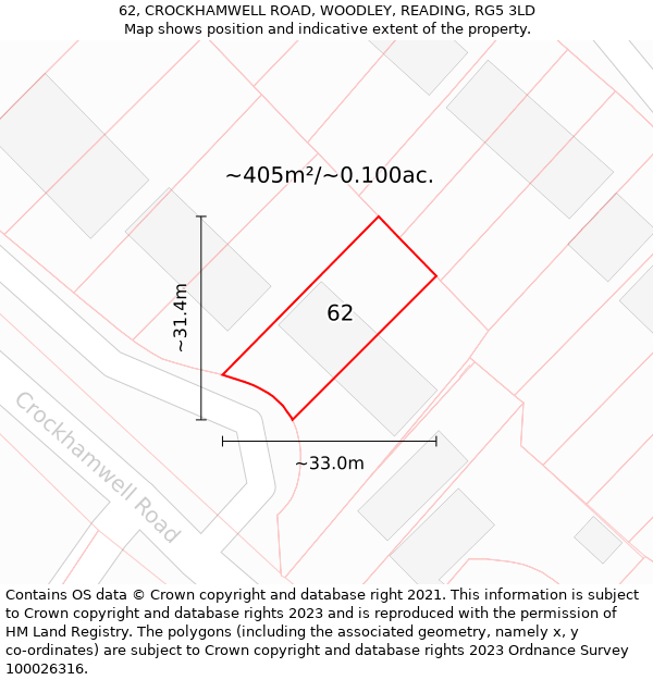 62, CROCKHAMWELL ROAD, WOODLEY, READING, RG5 3LD: Plot and title map