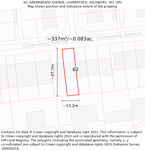 62, GREENWOOD AVENUE, LAVERSTOCK, SALISBURY, SP1 1PD: Plot and title map