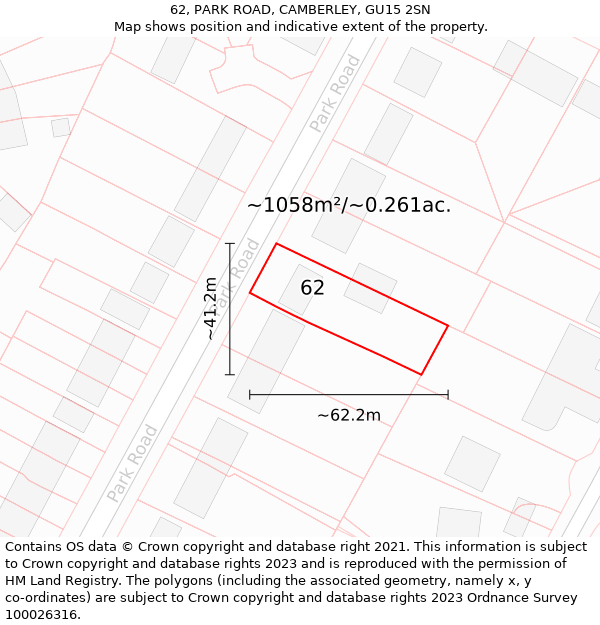 62, PARK ROAD, CAMBERLEY, GU15 2SN: Plot and title map