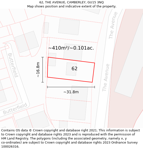 62, THE AVENUE, CAMBERLEY, GU15 3NQ: Plot and title map