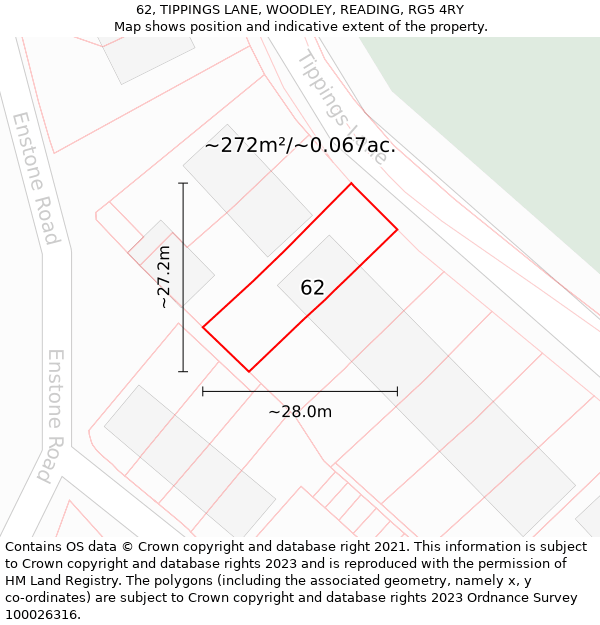 62, TIPPINGS LANE, WOODLEY, READING, RG5 4RY: Plot and title map