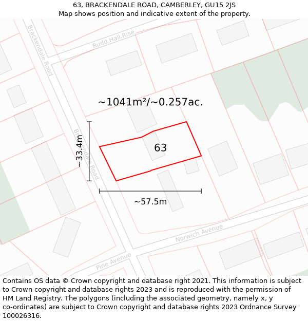 63, BRACKENDALE ROAD, CAMBERLEY, GU15 2JS: Plot and title map