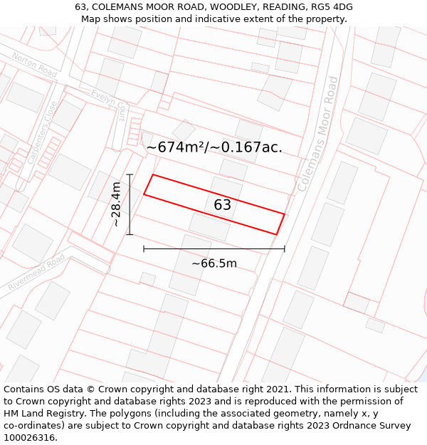 63, COLEMANS MOOR ROAD, WOODLEY, READING, RG5 4DG: Plot and title map