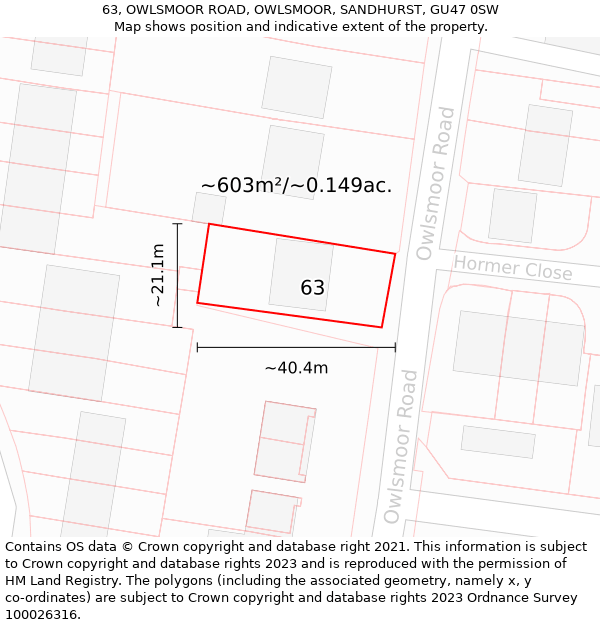 63, OWLSMOOR ROAD, OWLSMOOR, SANDHURST, GU47 0SW: Plot and title map