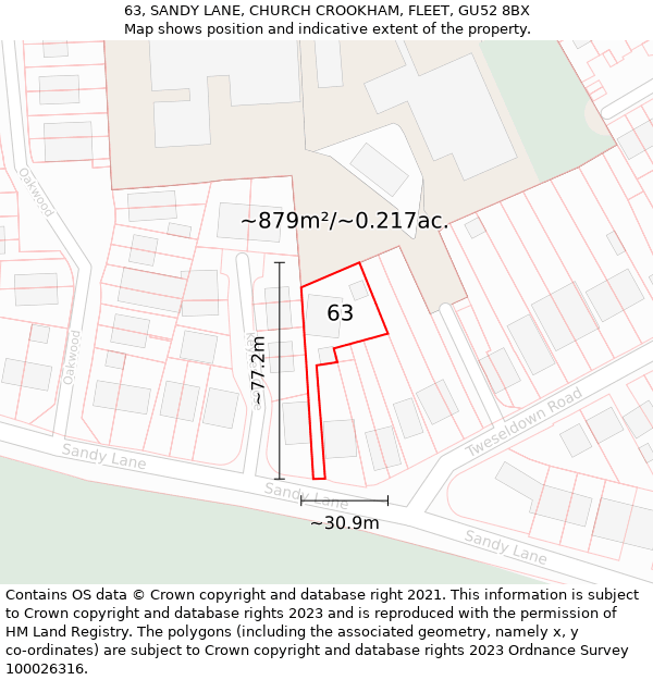 63, SANDY LANE, CHURCH CROOKHAM, FLEET, GU52 8BX: Plot and title map