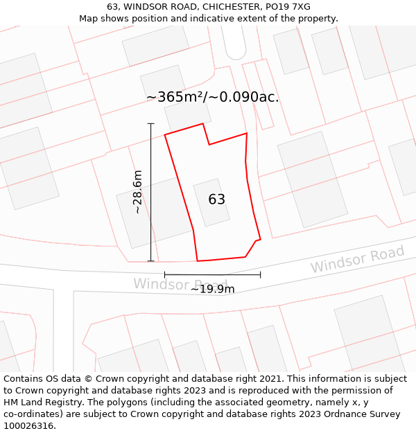 63, WINDSOR ROAD, CHICHESTER, PO19 7XG: Plot and title map