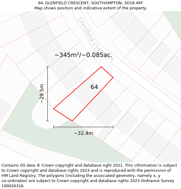 64, GLENFIELD CRESCENT, SOUTHAMPTON, SO18 4RF: Plot and title map