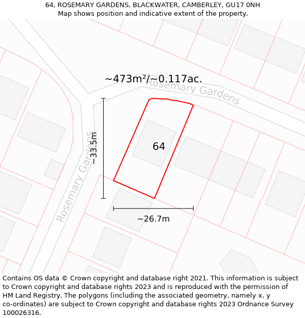 64, ROSEMARY GARDENS, BLACKWATER, CAMBERLEY, GU17 0NH: Plot and title map